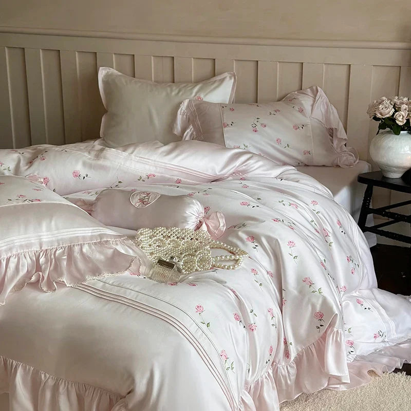 Afralia™ Vintage Rose Print Lace Ruffles 4-Piece Bedding Set - Egyptian Cotton
