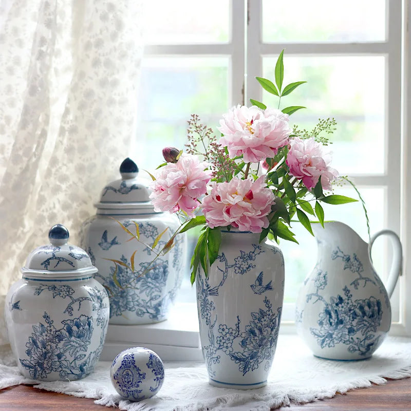 Afralia™ Blue White Porcelain Vase Vintage Ceramic Flower Home Decor Jar