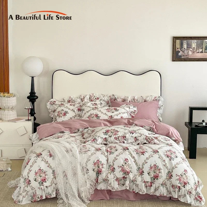 Afralia™ Vintage Rose Lace Ruffles Bedding Set - 100% Cotton French Style