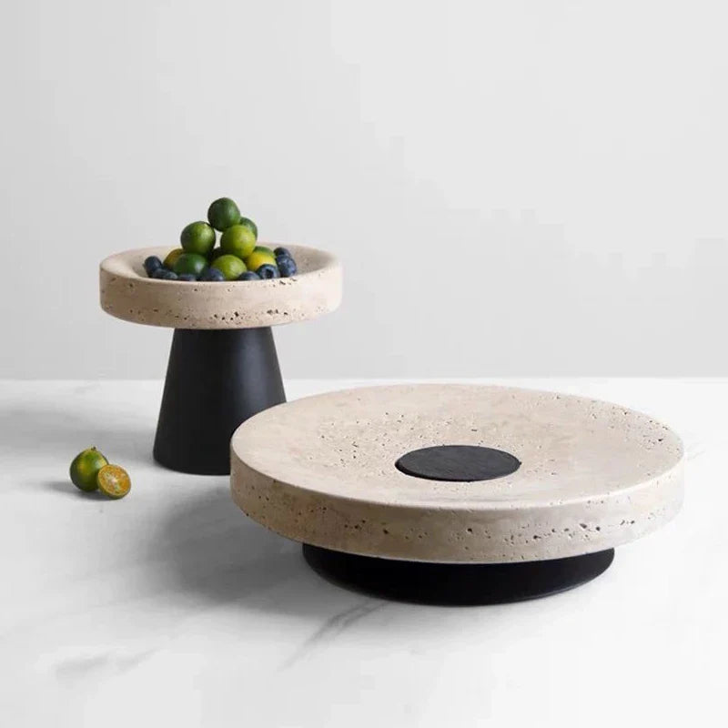 Afralia™ Beige Travertine Marble Tray on Metal Base - Vintage Round Serving Stand