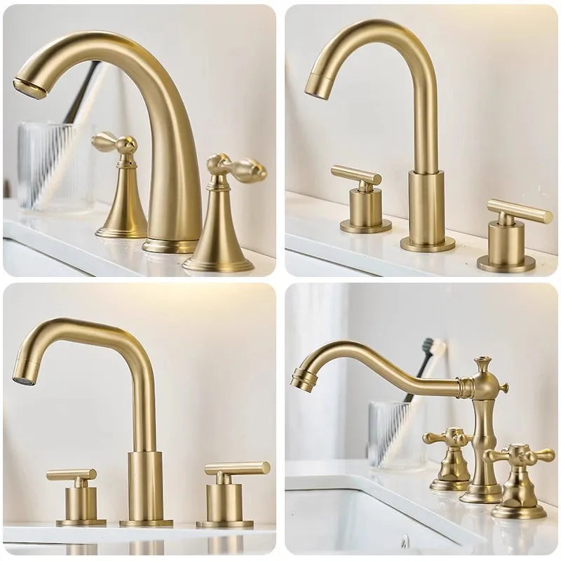 Afralia™ Brushed Gold Brass Basin Faucet | Widespread Waterfall Sink Faucet