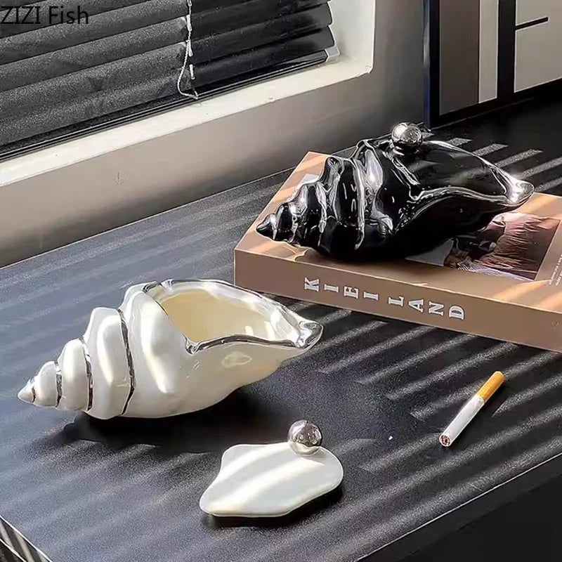 Afralia™ Conch Ashtray: Silver Plated Desk Decoration & Windproof Ceramic Smoking Accessory