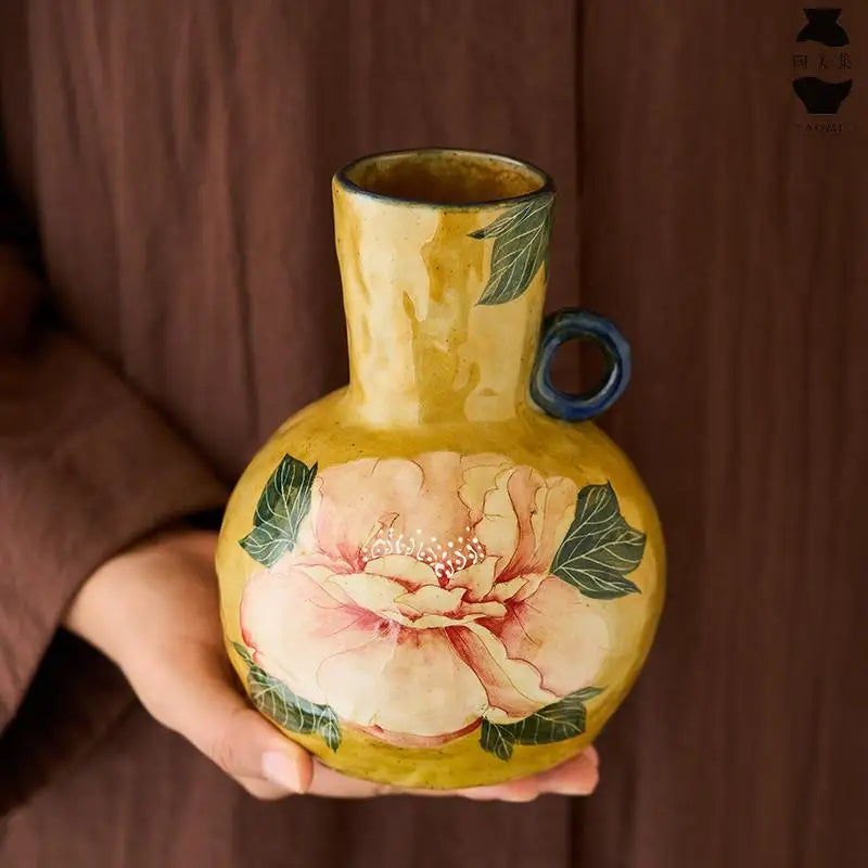 Afralia™ Peony Flower Vase, Chinese Hand-painted Porcelain Home Decor Accessory