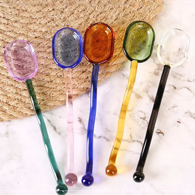 Afralia™ Glass Milk Spoon Colored Transparent Coffee Dessert Stirrer Kitchen Tableware