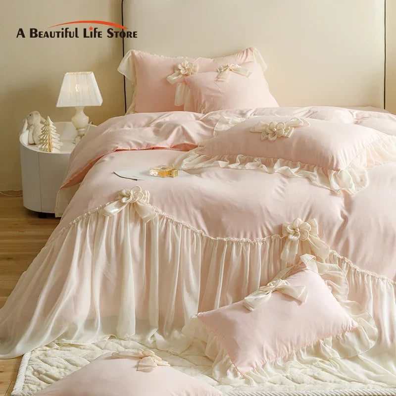 Afralia™ Sweet Lace Ruffles Flowers Bow Wedding Bedding Set - 200X230cm