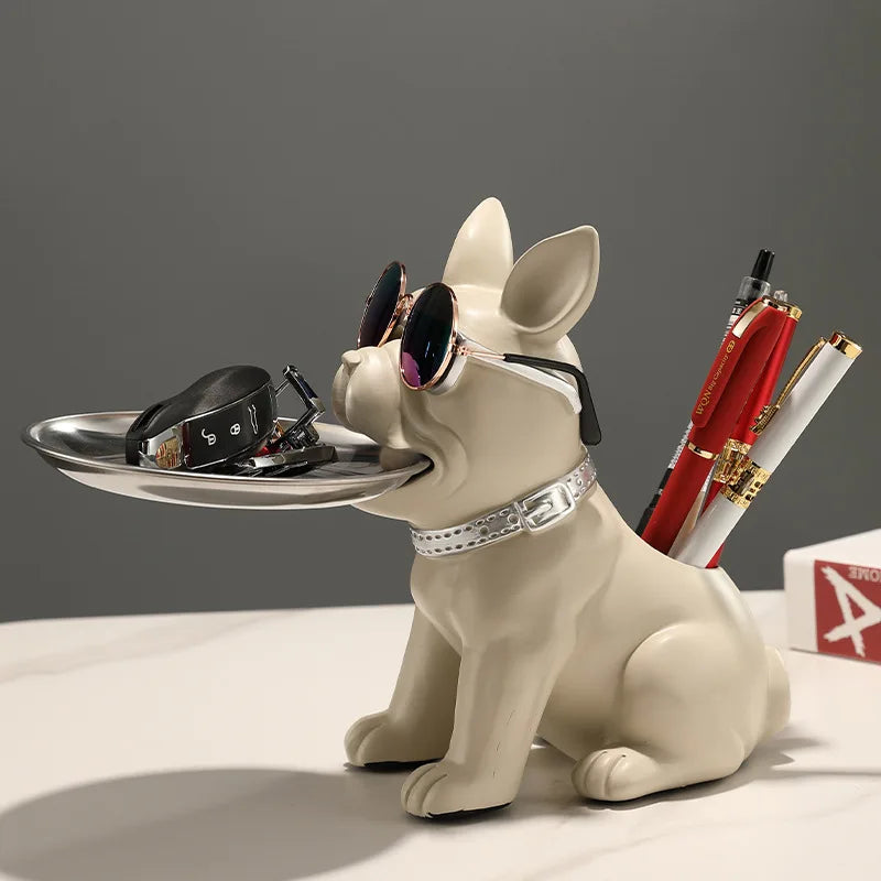 Afralia™ Bulldog Statue Desktop Storage Office Home Decor Tray Sculpture