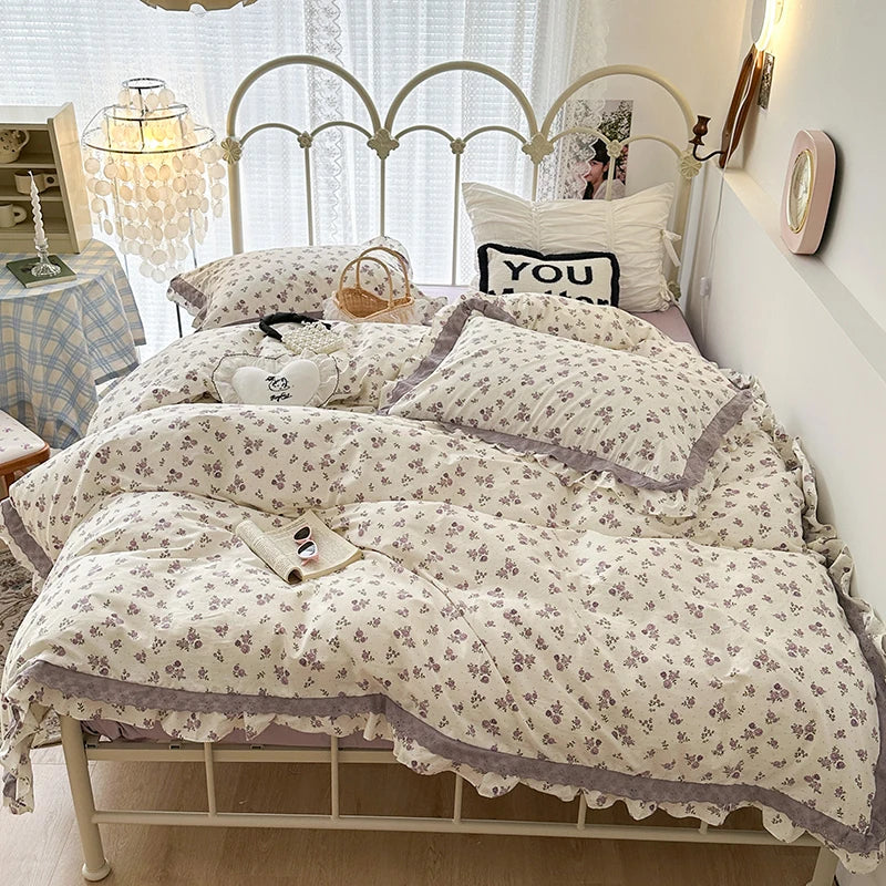 Afralia™ French Floral Print Double Layer Lace Ruffles Bedding Set