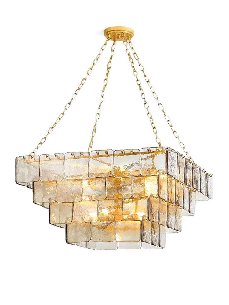 Afralia™ Gold Glass Square Chandelier - Light luxury Living Room Ceiling Fixture