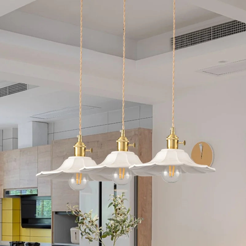 Afralia™ White Ceramic LED Pendant Lamp with Copper Switch - Flower Hanging Light