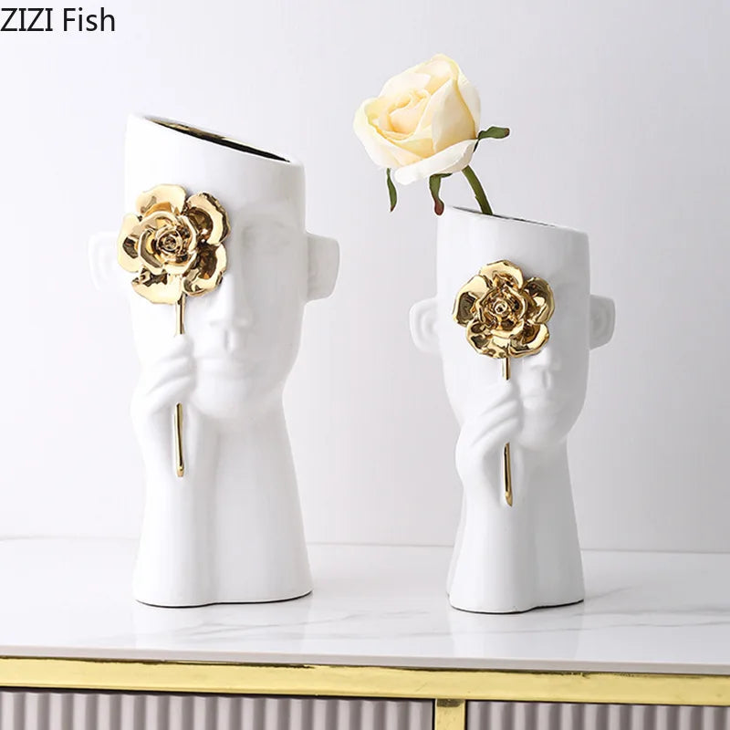 Afralia™ Gold Rose Relief Ceramic Vase, Elegant Desk Floral Vase for Room Decor