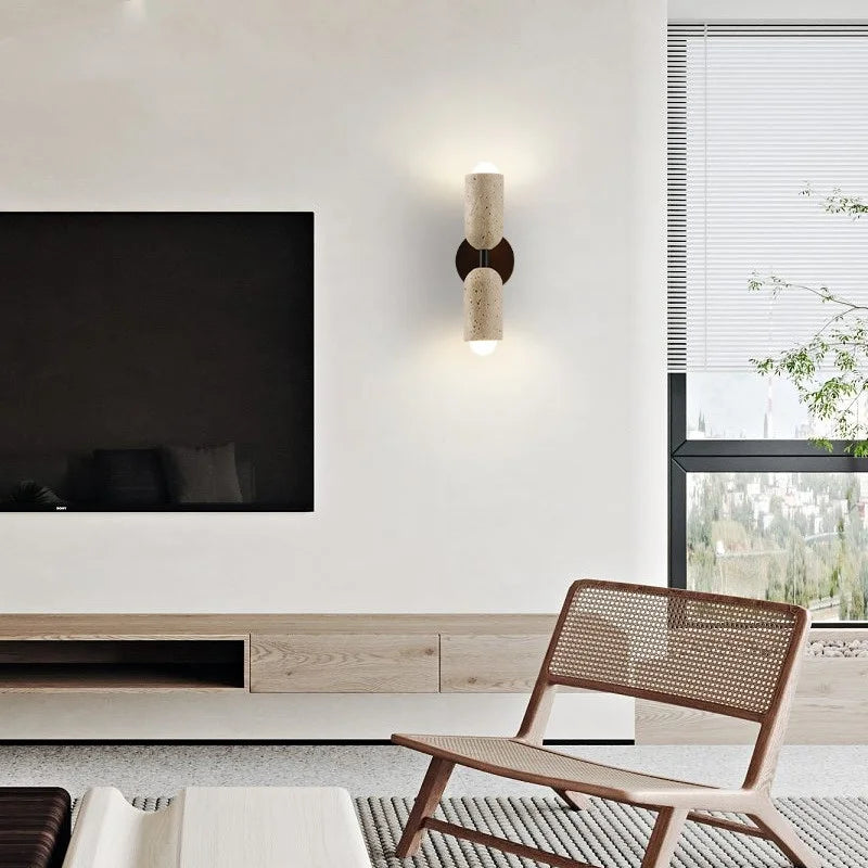 Afralia™ LED Wall Light Fixture Travertine Stone Wood Canopy Bedside Lamp