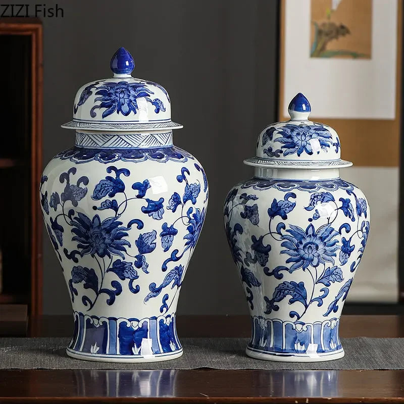 Afralia™ Blue White Porcelain Bird Flower Jar Tea Canister Vase Desk Decor