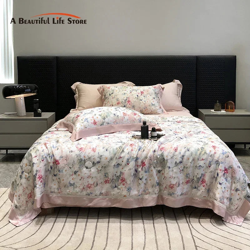 Afralia™ Lyocell Fiber Flowers Summer Quilt Bedding Set - Soft & Silky Comforter with Bed Sheet