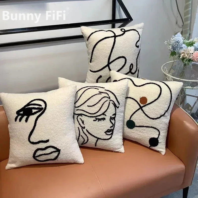 Afralia™ Lambswool Face Cushion Cover 45x45 Beige White Abstract Art Pillowcase