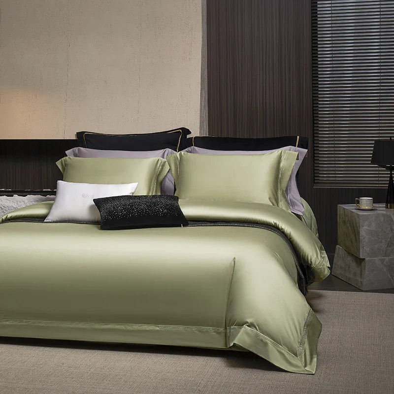 Afralia™ Silky Lyocell Cotton Bedding Set: Olive Green, Pink, Champagne Luxury Solid Color