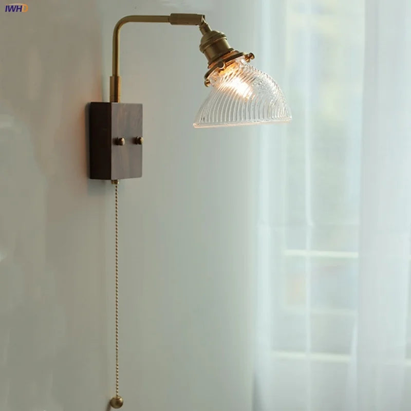 Afralia™ Walnut Wood LED Wall Sconce with Glass Shade & Pull Chain Switch