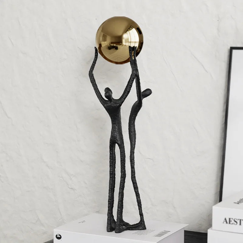 Afralia™ Human Figure Sculpture Golden Ball Holder Metal Figurine Home Decor