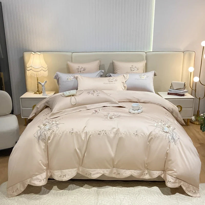 Afralia™ Flowers Embroidery Bedding Set: Duvet Cover, Bed Sheet, Pillowcases, Grey Champagne Luxury