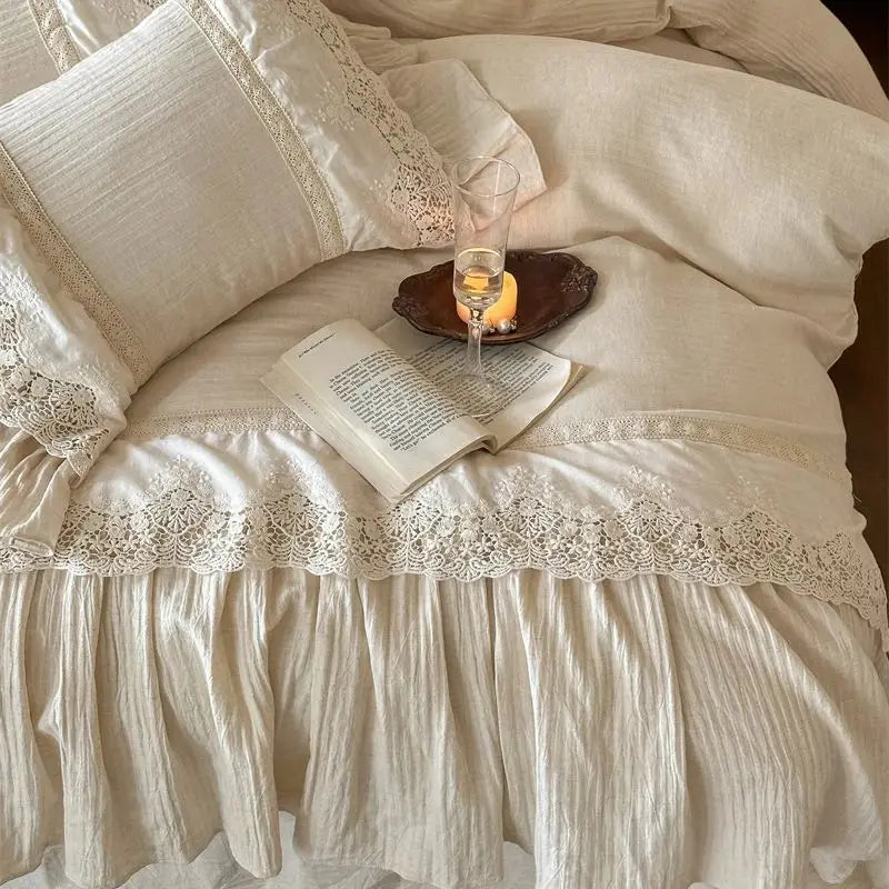 Afralia™ French Lace Ruffle Embroidery Bedding Set with Natural Health Skin Fabric