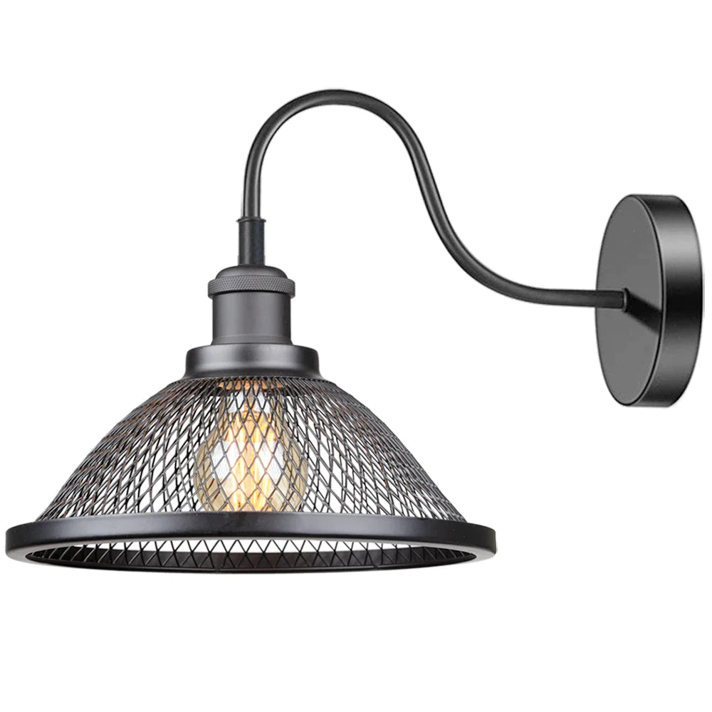 Afralia™ Vintage Gooseneck Black Wall Light e27 Loft Lampshade Cage Indoor Sconce