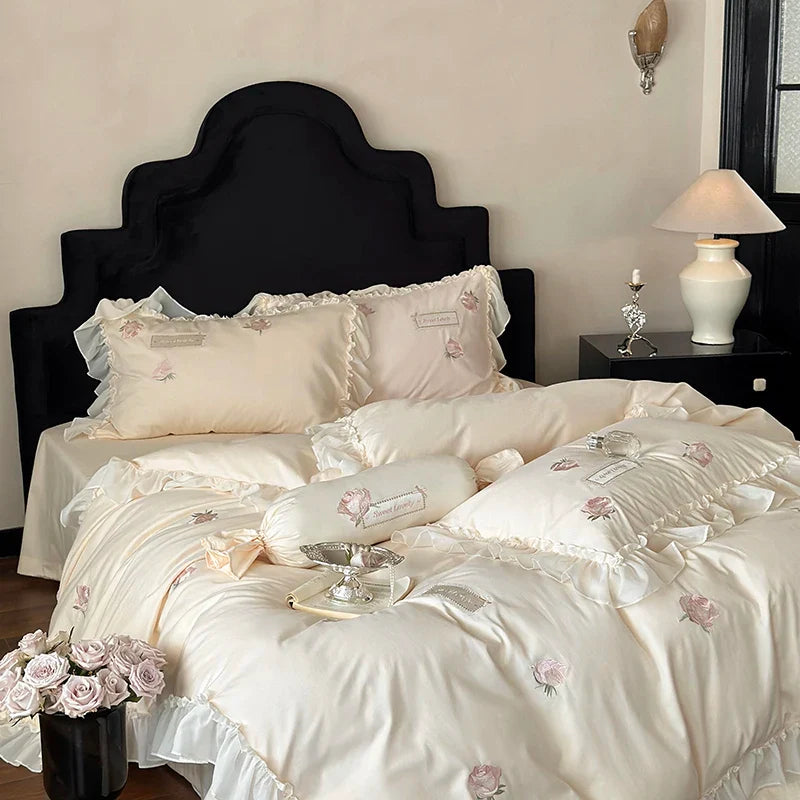 Afralia™ Rose Flowers Embroidery Lace Ruffles Cotton Brushed Bedding Set