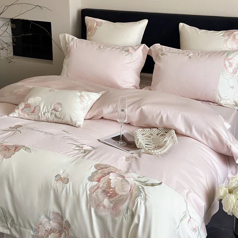 Afralia™ Pink Flowers Embroidery Luxe Bedding Set: 1000TC Egyptian Cotton Duvet Cover, Bed Sheet, Pillowcases