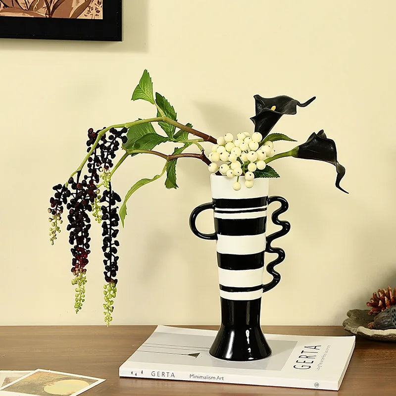 Afralia™ Ceramic Geometric Fringe Vase with Wavy Handle - Home Décor Handicraft