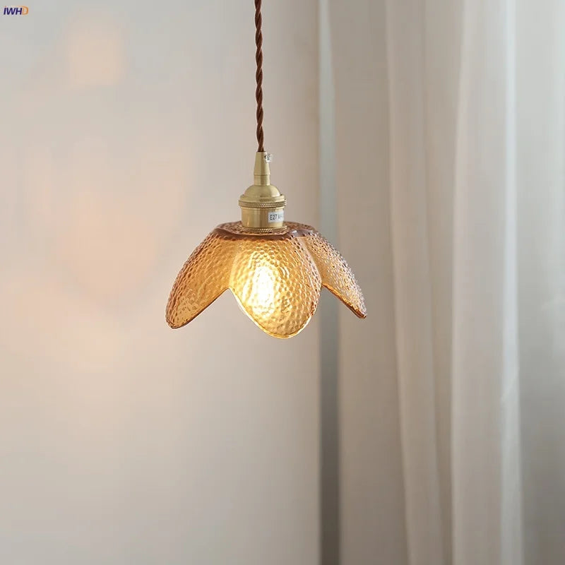 Afralia™ Amber Glass LED Pendant Light Fixture Nordic Modern Copper Hanging Lamp