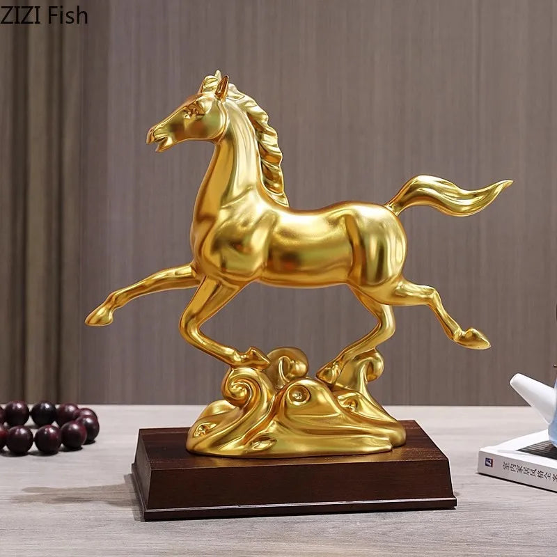 Afralia™ Golden Horse Mascot Resin Statue Artwork for Aesthetic Room Decor