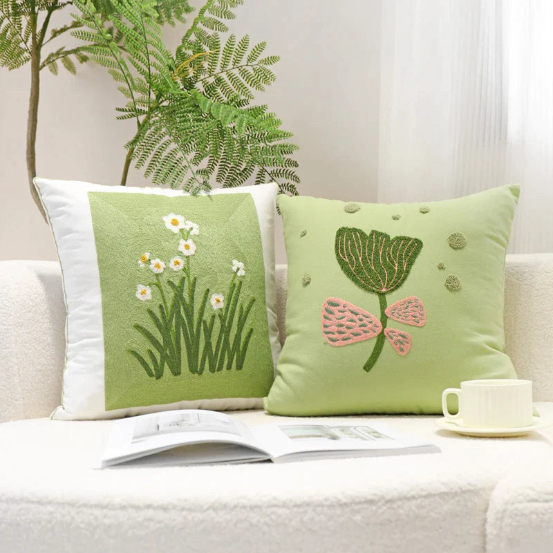 Afralia™ Green Embroidered Cotton Cushion Cover, Rustic Throw Pillowcase for Living Room Sofa