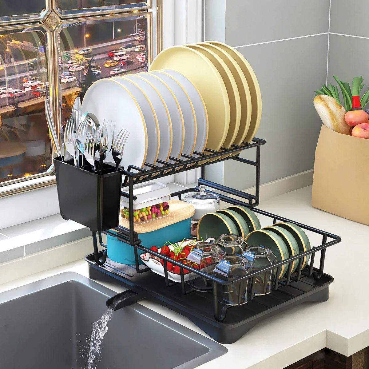 Afralia™ Metal Kitchen Dish Drying Rack with Drainboard & Chopstick Cage