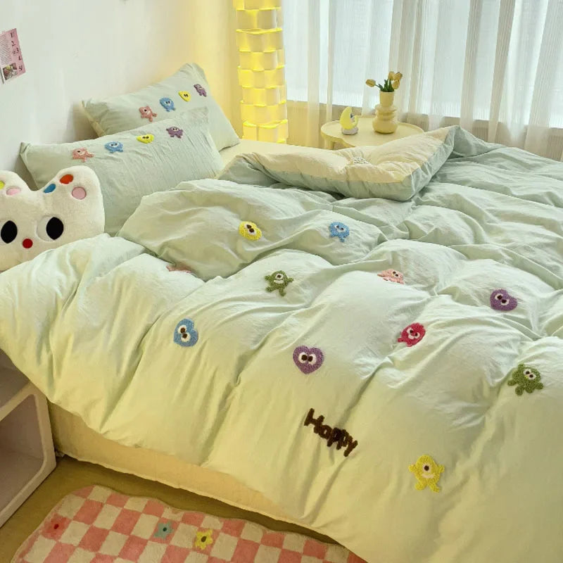 Afralia™ Cartoon Towel Embroidery Bedding Set in Soft Washed Cotton for Kids