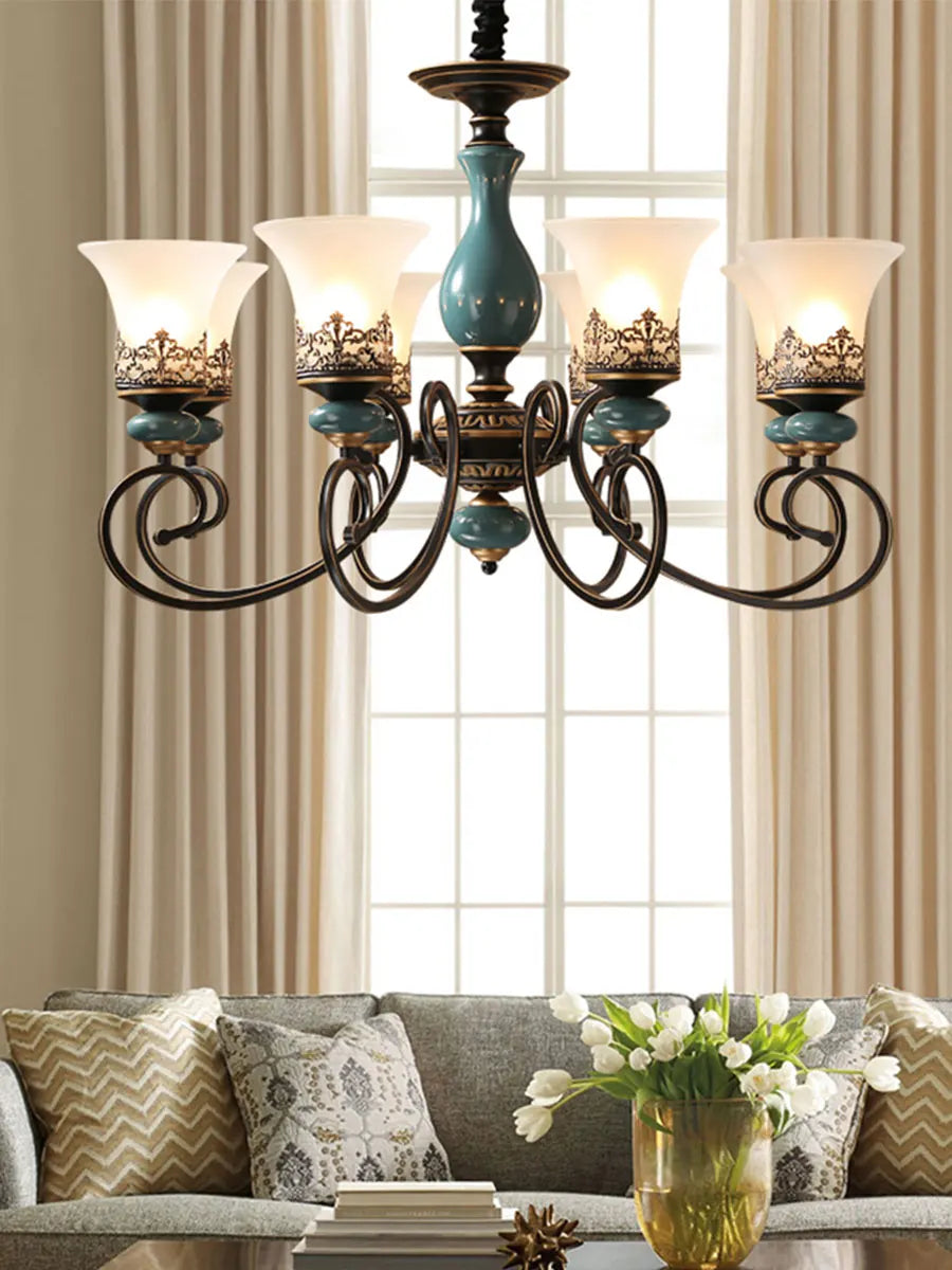 Afralia™ Retro Ceramic Chandelier with Glass Lampshade for Living Room, Bedroom, Dining Room