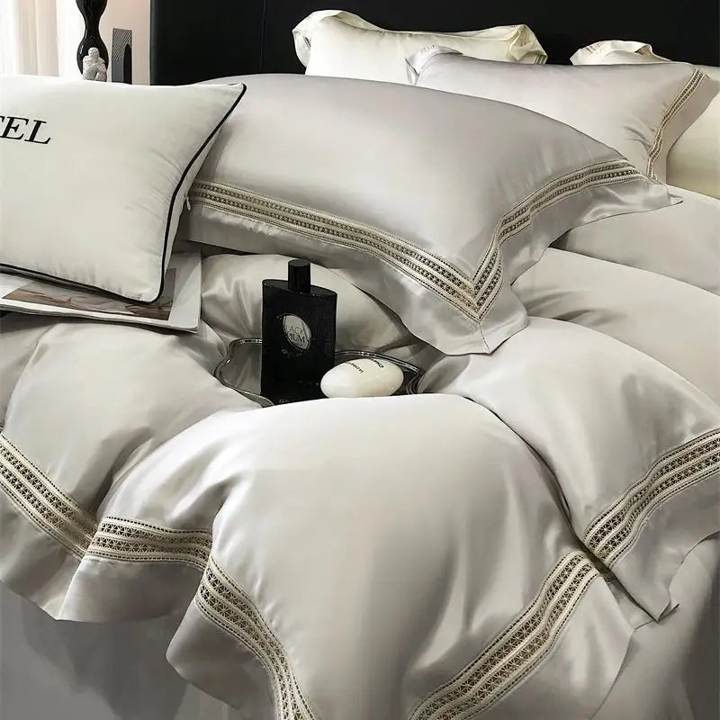 Afralia™ Luxury Lace Edge Bedding Set: Duvet Cover, Bed Sheet, Fitted Sheet, Pillowcases