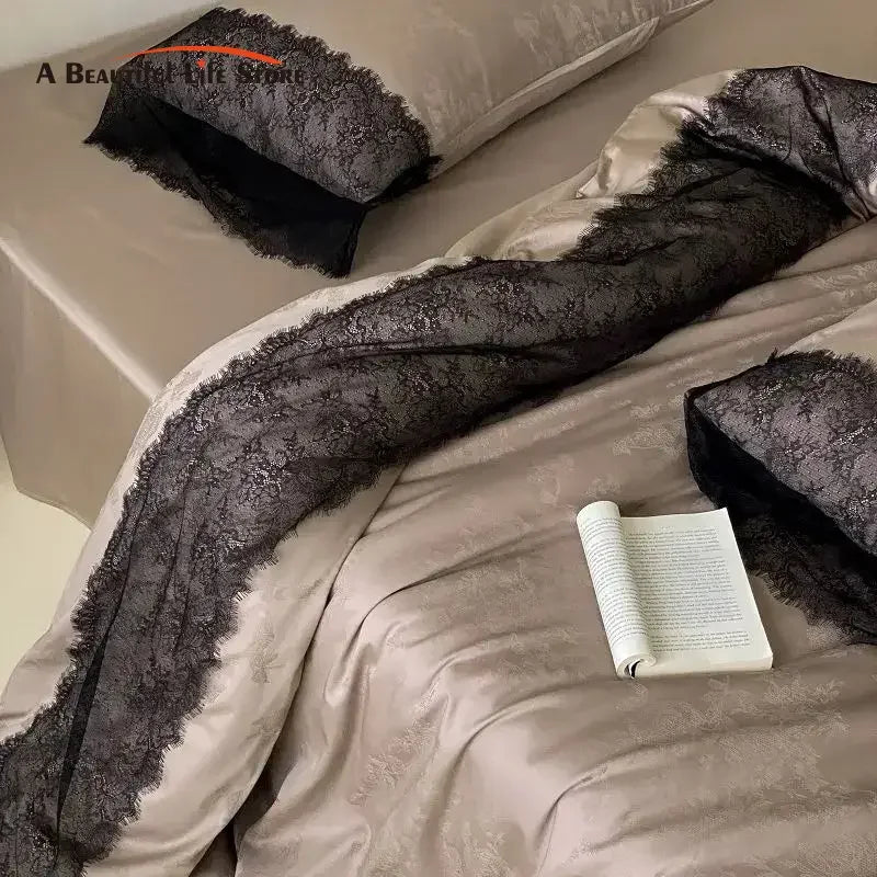 Afralia™ Silky Egyptian Cotton Lace Edge Bedding Set with Duvet Cover, Sheet & Pillowcases