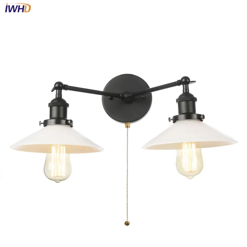 Afralia™ Industrial LED Wall Light Fixture with Pull Chain Switch, 2 Heads Bedside Lamp