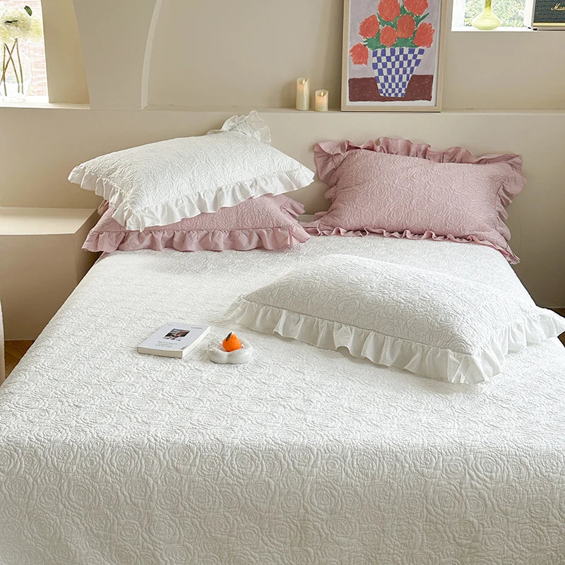 Afralia™ Rose Flower Bed Cover Set: Quilted Washed Cotton with Lace Ruffles, Two-Sided Design