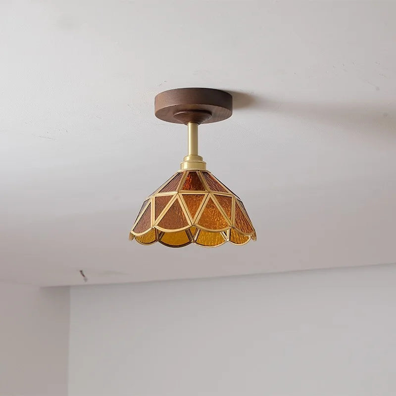 Afralia™ Amber Glass LED Ceiling Light Modern Wood Canopy Kids Room Fixture