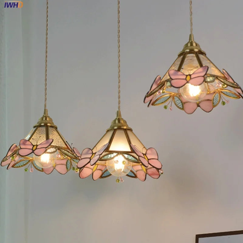 Afralia™ Nordic Pink Glass LED Pendant Light with Adjustable Brass Wire