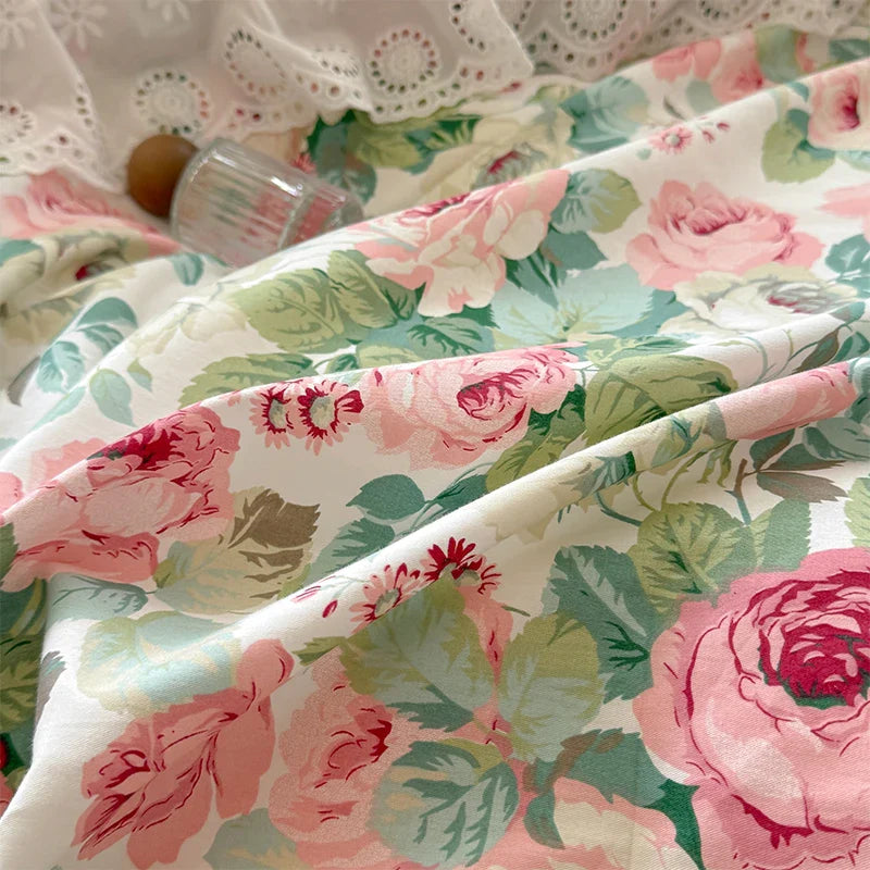 Afralia™ Floral Print Cotton Princess Bedding Set with Vintage Lace Details