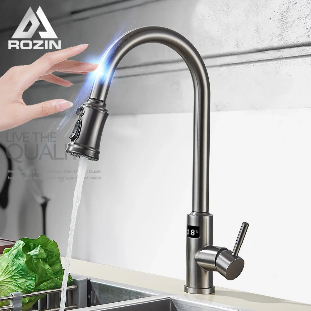 Afralia™ Smart Touch Grey Black Kitchen Faucet with Flexible Pull Out Sprayer