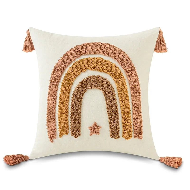 Afralia™ Boho Yellow Rainbow Star Moon Embroidery Pillow Cover 45x45cm with Tassels