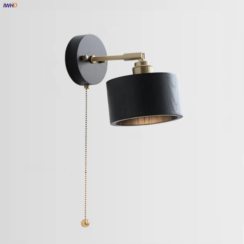 Afralia™ Black Wood LED Wall Light with Pull Chain Switch, Rotating Japanese Style Bedside Lamp