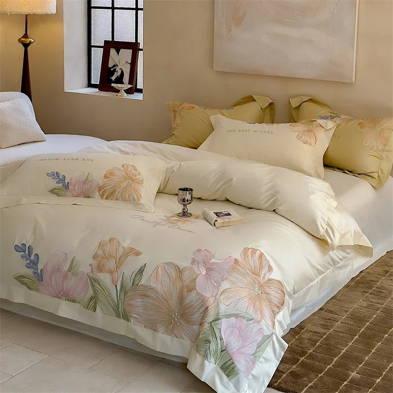 Afralia™ 100S Egyptian Cotton Embroidery Bed Linens Set for Queen King Euro Size