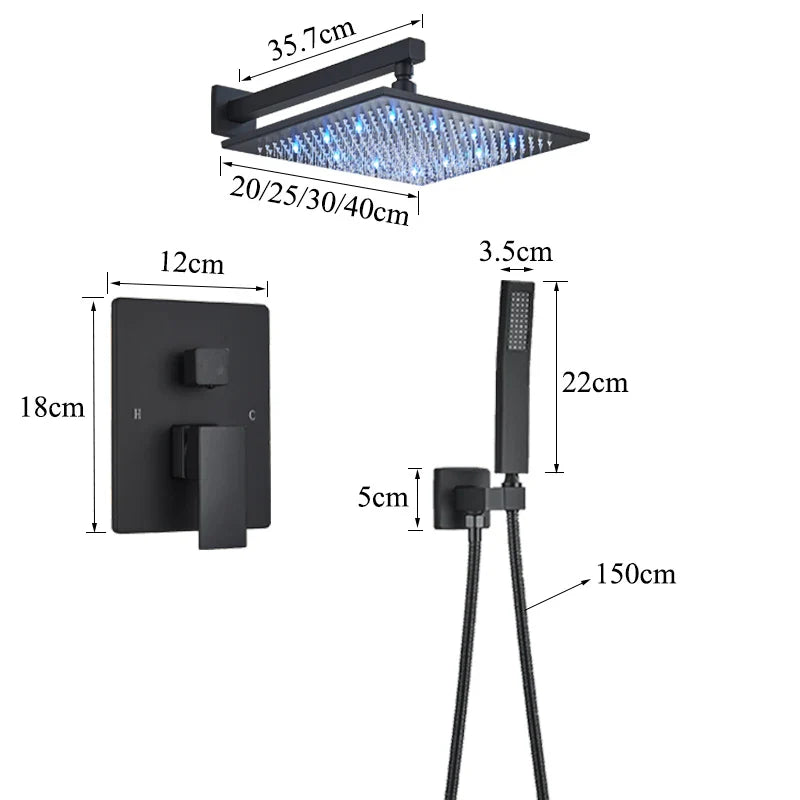 Afralia™ LED Black Wall Mounted Shower Faucet Set with Rainfall Shower Head