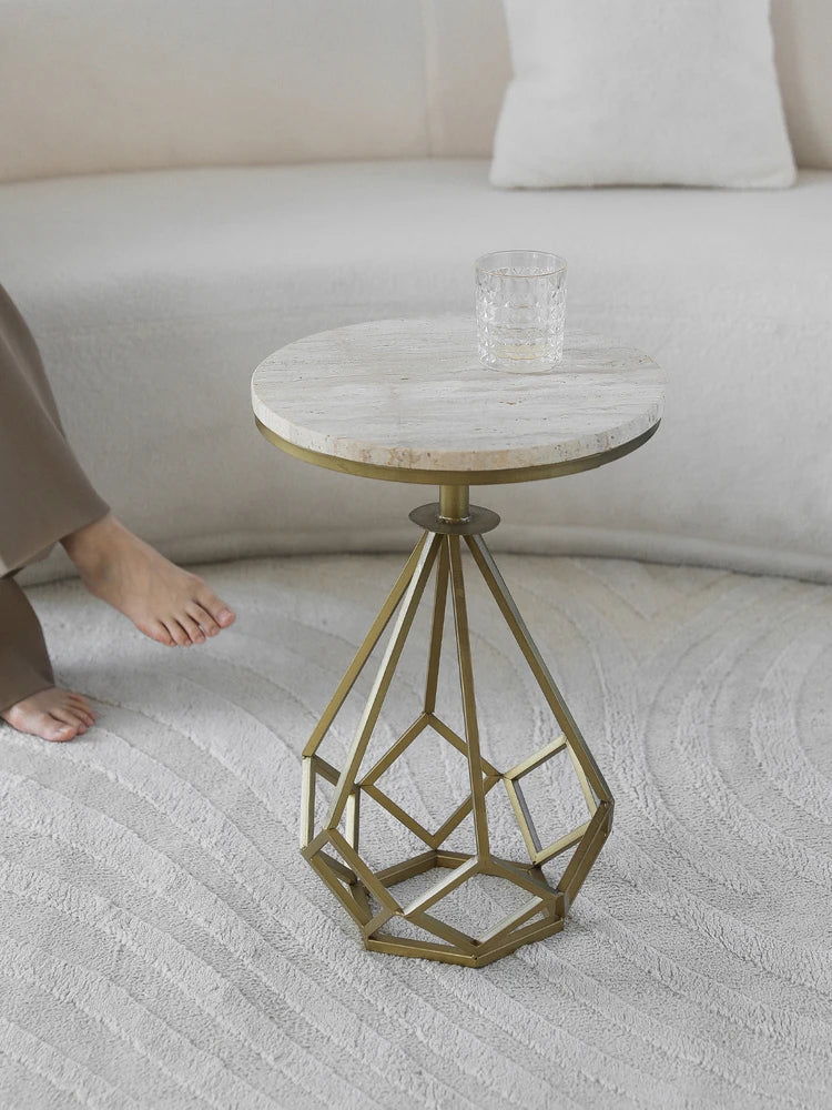 Afralia™ Travertine Side Table with Metal Base, Vintage End Table for Small Spaces