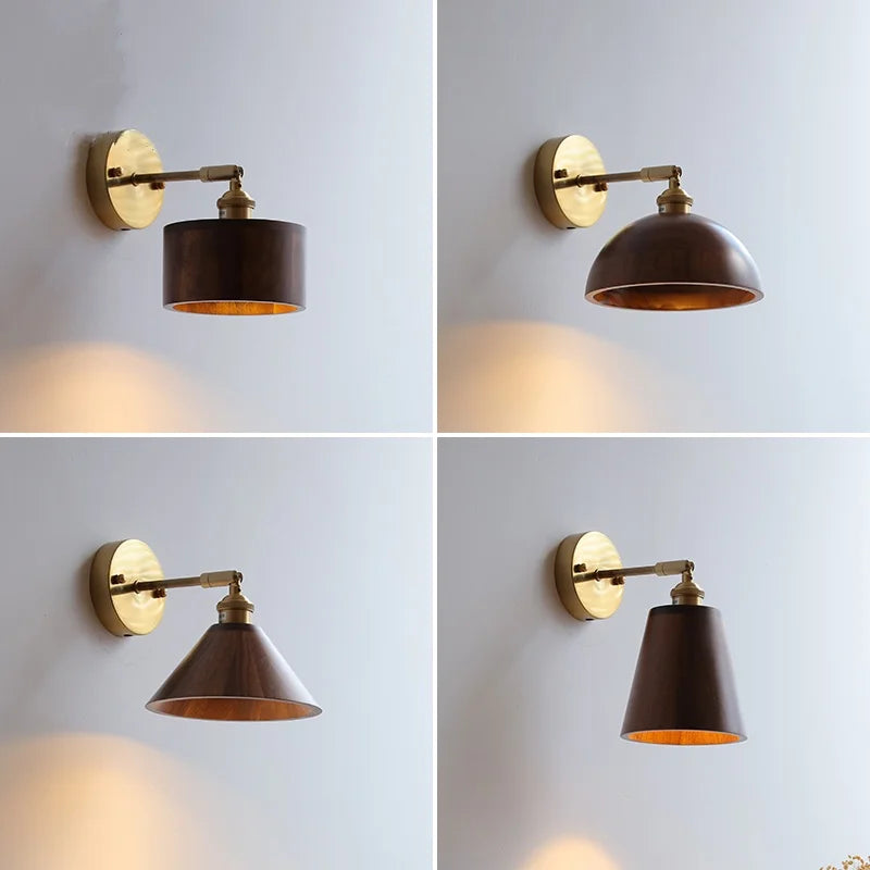 Afralia™ Nordic Walnut Wood Copper Up Down LED Wall Sconce Bedside Lamp