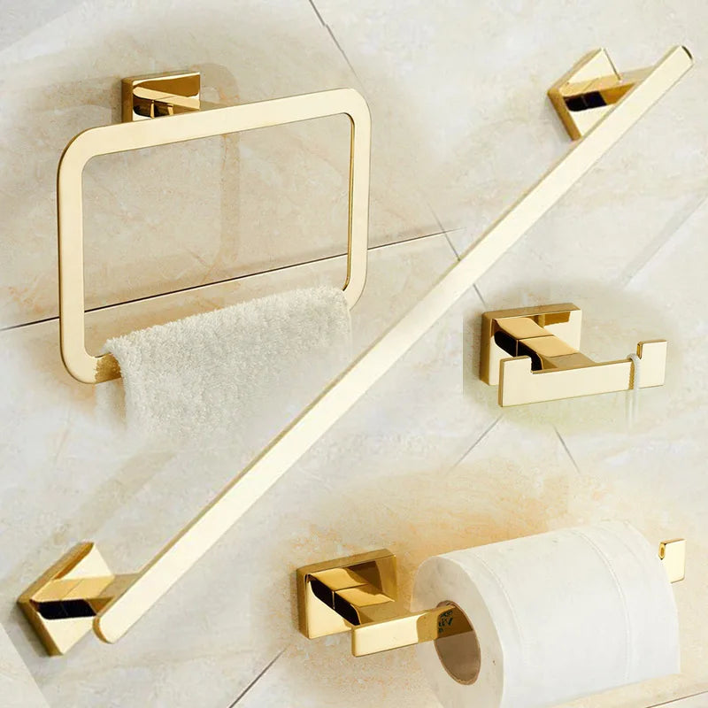 Afralia™ Gold Brass Bathroom Hardware 4-Piece Set: Towel Bar, Towel Ring, Toilet Paper Holder, Robe Hook