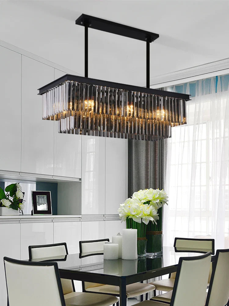 Afralia™ Crystal Pendant Light: Black Rectangular Dining Room Fixture, American Style Retro Design