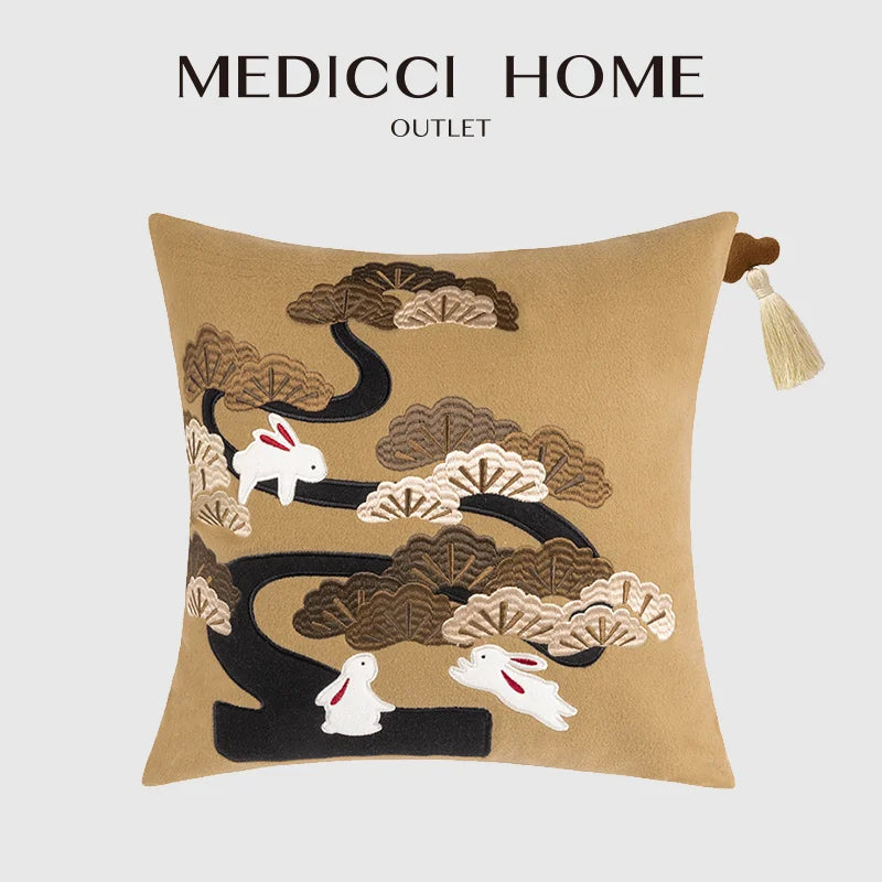 Afralia™ Lucky Rabbit Pine Forests Embroidery Silk Velvet Pillowcase with Tassels